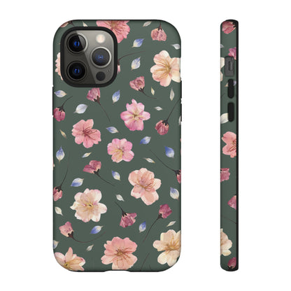 Coque Téléphone Samsung, iPhone & Google Pixel Renforcée Mate – Design Floral Fleurs de Cerisier sur Fond Verte Minéral | Protection Antichoc | Idée Cadeau Femme