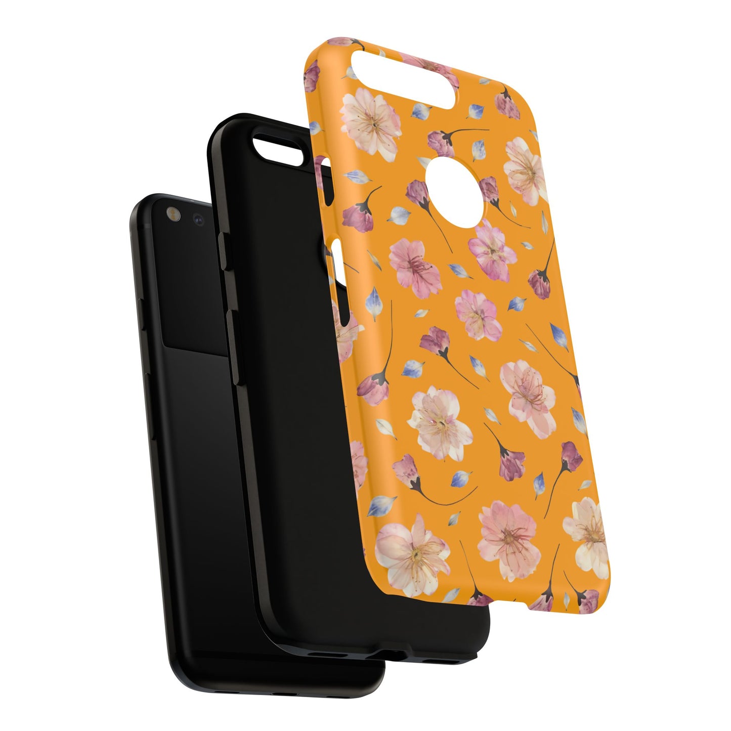 Coque Téléphone Samsung, iPhone & Google Pixel Renforcée Mate – Design Floral Fleurs de Cerisier sur Fond Couleur Curcuma| Protection Antichoc | Idée Cadeau Femme