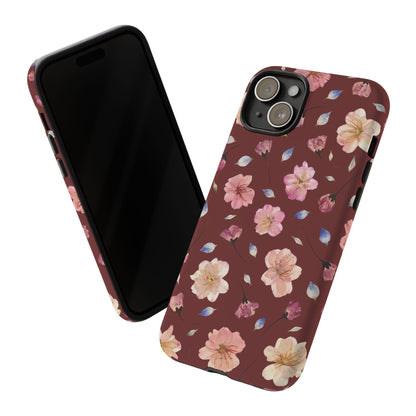 Coque Téléphone Samsung, iPhone & Google Pixel Renforcée Mate – Design Floral Fleurs de Cerisier sur Fond Bordeaux | Protection Antichoc | Idée Cadeau Pour Elle