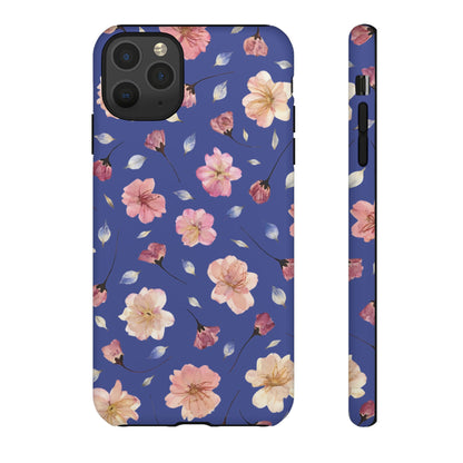 Coque Téléphone Samsung, iPhone & Google Pixel Renforcée Mate – Design Floral Fleurs de Cerisier sur Fond Bleu Encre | Protection Antichoc | Idée Cadeau Pour Elle