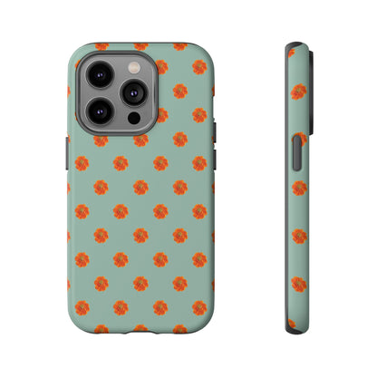 Coque Téléphone Samsung, iPhone & Google Pixel Renforcée Mate – Design Floral Epuré Fleurs de Cosmos Orange sur Fond Vert Eucalyptus | Protection Antichoc | Idée Cadeau Femme