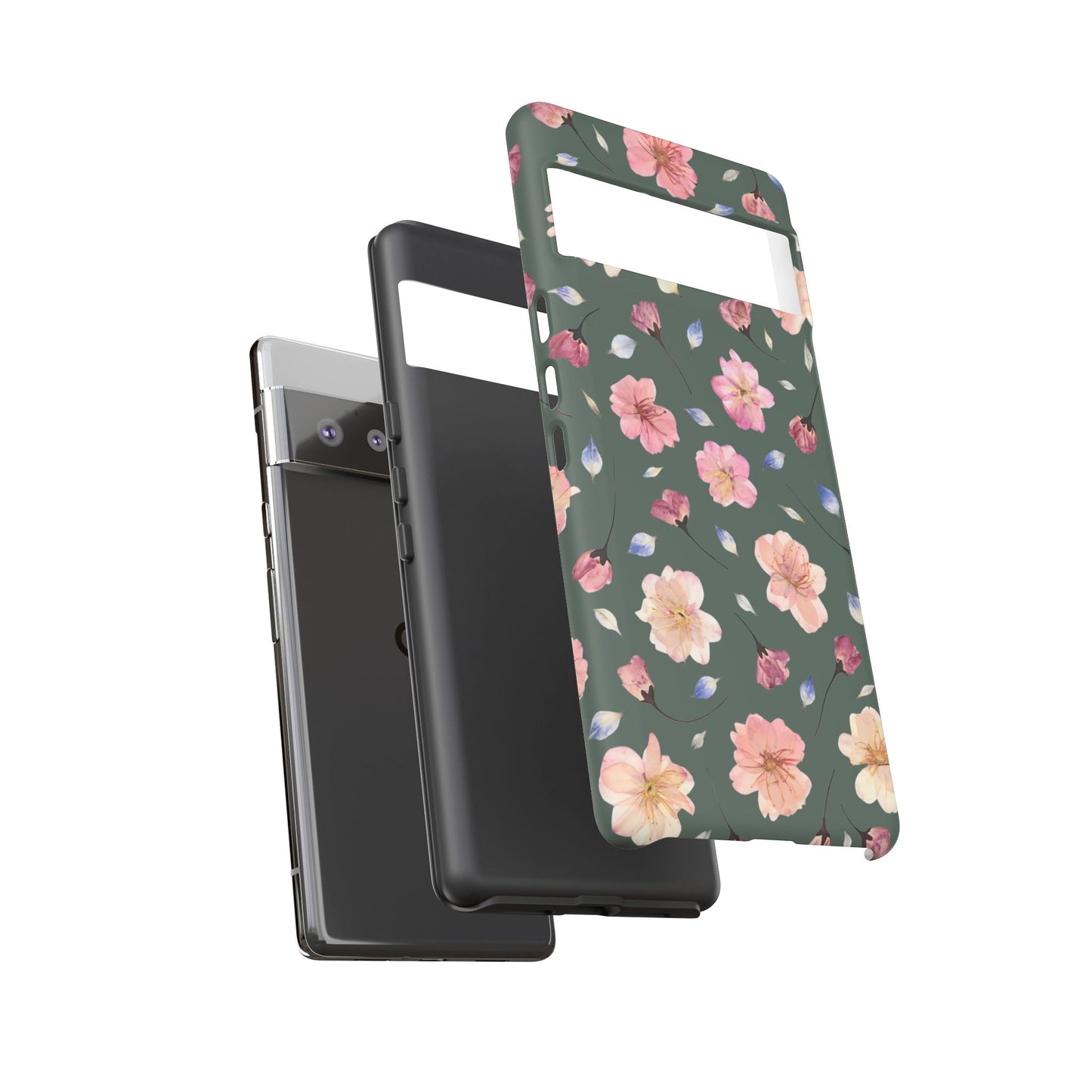 Coque Téléphone Samsung, iPhone & Google Pixel Renforcée Mate – Design Floral Fleurs de Cerisier sur Fond Verte Minéral | Protection Antichoc | Idée Cadeau Femme