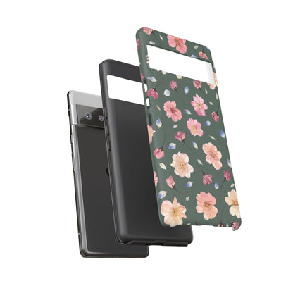 Coque Téléphone Samsung, iPhone & Google Pixel Renforcée Mate – Design Floral Fleurs de Cerisier sur Fond Verte Minéral | Protection Antichoc | Idée Cadeau Femme