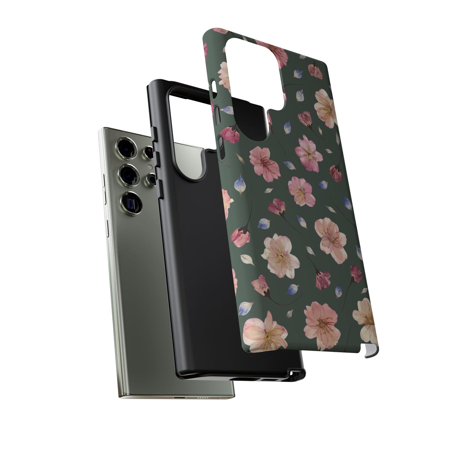 Coque Téléphone Samsung, iPhone & Google Pixel Renforcée Mate – Design Floral Fleurs de Cerisier sur Fond Verte Minéral | Protection Antichoc | Idée Cadeau Femme