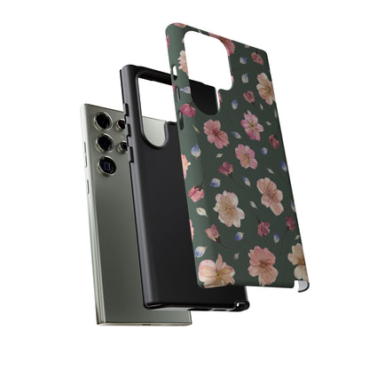 Coque Téléphone Samsung, iPhone & Google Pixel Renforcée Mate – Design Floral Fleurs de Cerisier sur Fond Verte Minéral | Protection Antichoc | Idée Cadeau Femme