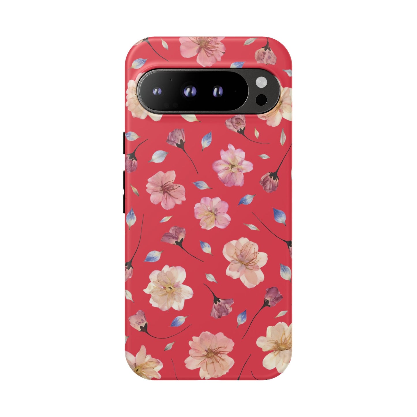 Coque Téléphone Samsung, iPhone & Google Pixel Renforcée Mate – Design Floral Fleurs de Cerisier sur Fond Rouge Féminin | Protection Antichoc | Idée Cadeau Femme