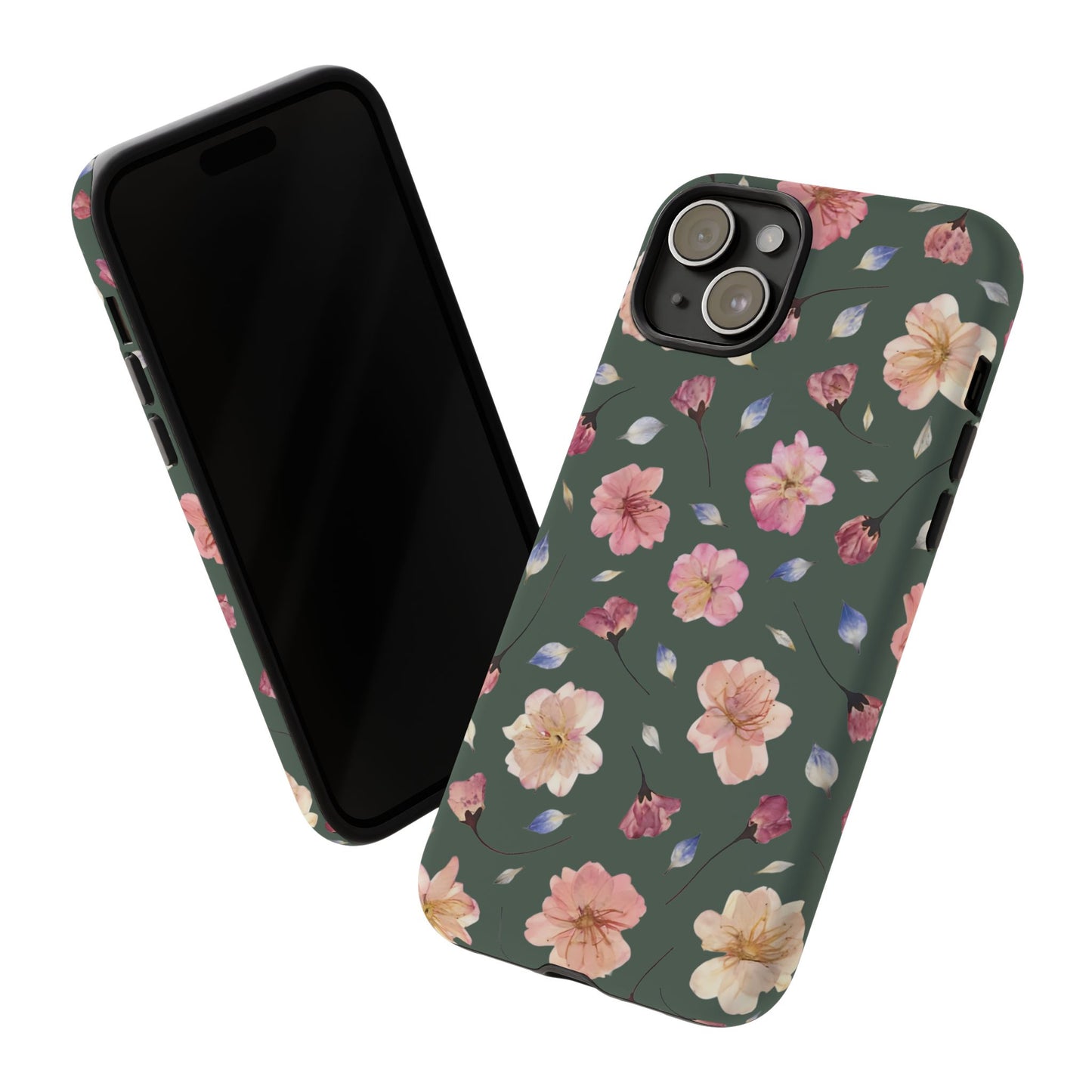 Coque Téléphone Samsung, iPhone & Google Pixel Renforcée Mate – Design Floral Fleurs de Cerisier sur Fond Verte Minéral | Protection Antichoc | Idée Cadeau Femme