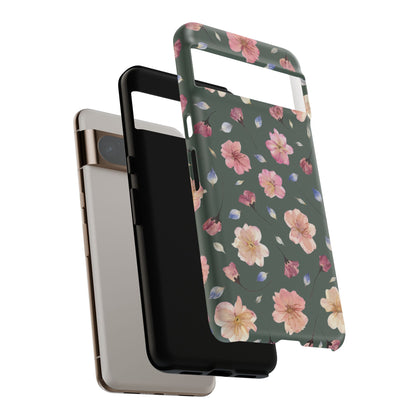 Coque Téléphone Samsung, iPhone & Google Pixel Renforcée Mate – Design Floral Fleurs de Cerisier sur Fond Verte Minéral | Protection Antichoc | Idée Cadeau Femme