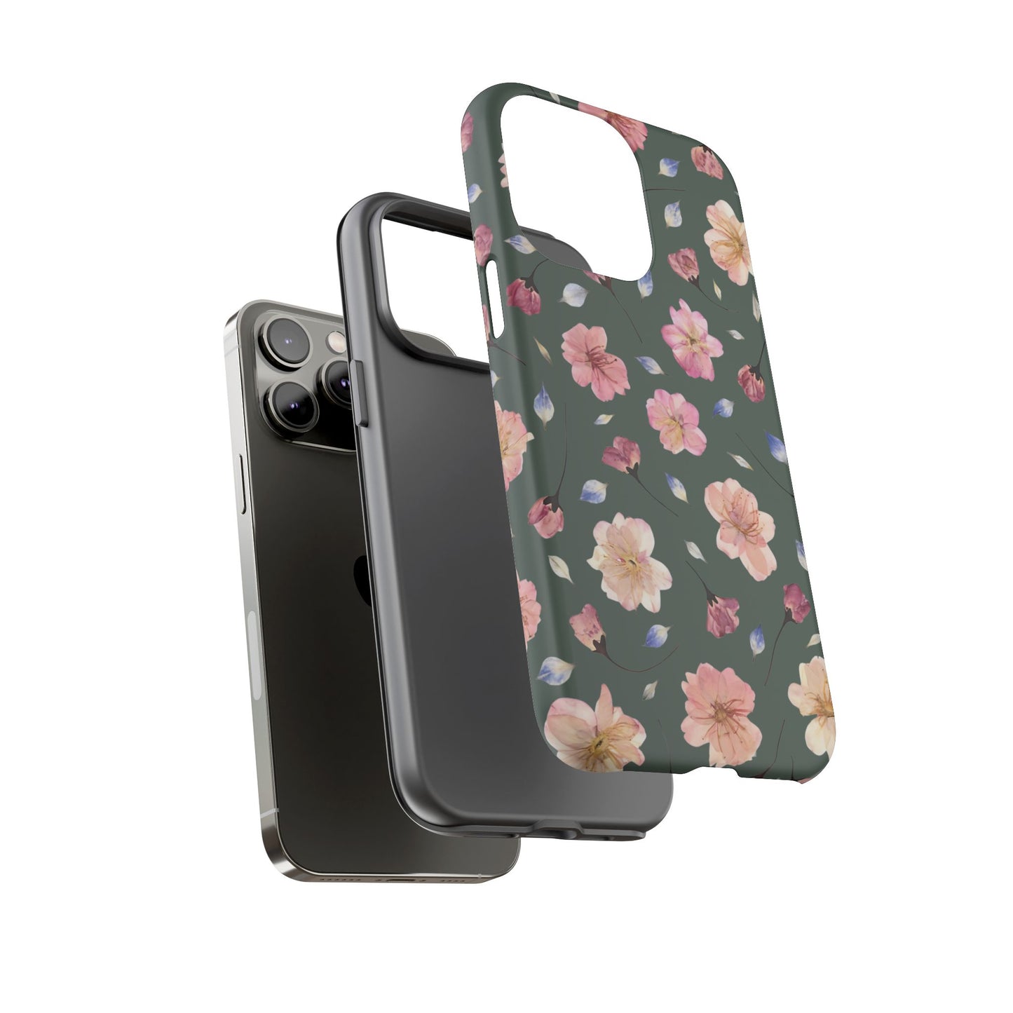 Coque Téléphone Samsung, iPhone & Google Pixel Renforcée Mate – Design Floral Fleurs de Cerisier sur Fond Verte Minéral | Protection Antichoc | Idée Cadeau Femme