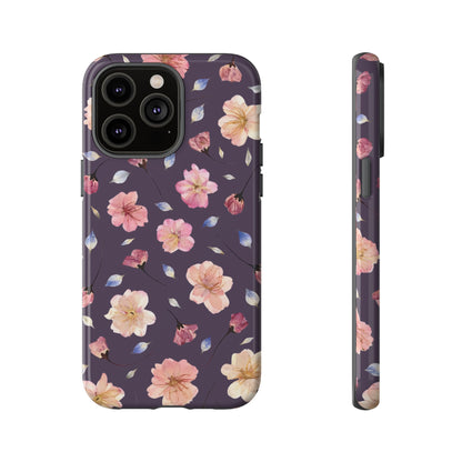 Coque Téléphone Samsung, iPhone & Google Pixel Renforcée Mate – Design Floral Fleurs de Cerisier sur Fond Couleur Prune | Protection Antichoc | Idée Cadeau Femme