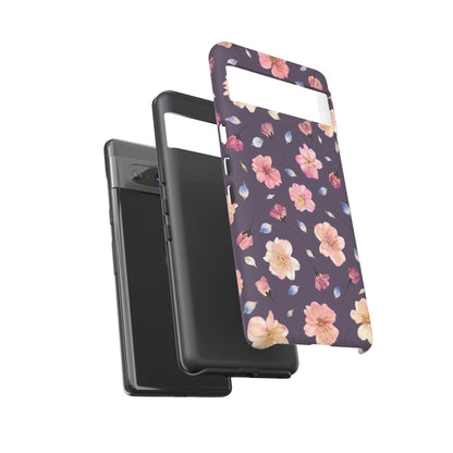 Coque Téléphone Samsung, iPhone & Google Pixel Renforcée Mate – Design Floral Fleurs de Cerisier sur Fond Couleur Prune | Protection Antichoc | Idée Cadeau Femme