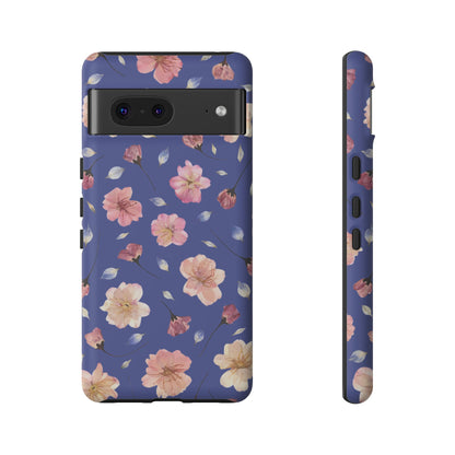 Coque Téléphone Samsung, iPhone & Google Pixel Renforcée Mate – Design Floral Fleurs de Cerisier sur Fond Bleu Encre | Protection Antichoc | Idée Cadeau Pour Elle