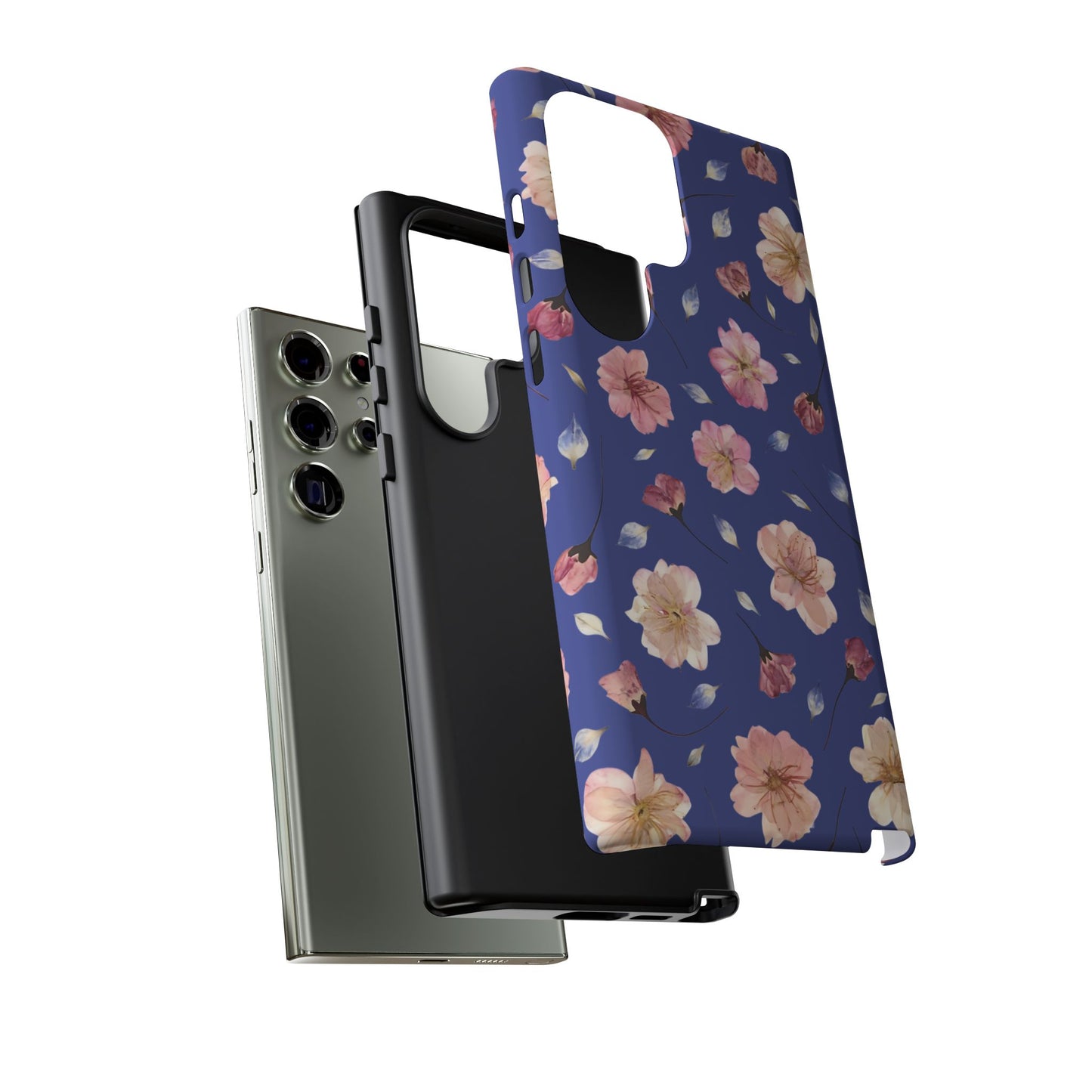 Coque Téléphone Samsung, iPhone & Google Pixel Renforcée Mate – Design Floral Fleurs de Cerisier sur Fond Bleu Encre | Protection Antichoc | Idée Cadeau Pour Elle