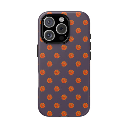 Coque Téléphone Samsung, iPhone & Google Pixel Renforcée Mate – Design Floral Epuré Fleurs de Cosmos Orange sur Fond Couleur Prune | Protection Antichoc | Idée Cadeau Femme