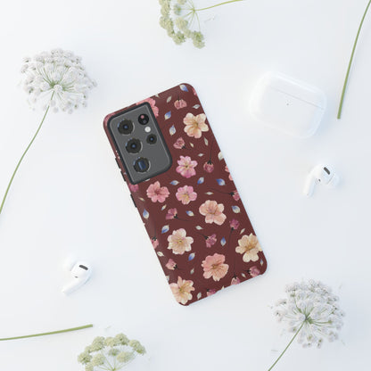 Coque Téléphone Samsung, iPhone & Google Pixel Renforcée Mate – Design Floral Fleurs de Cerisier sur Fond Bordeaux | Protection Antichoc | Idée Cadeau Pour Elle