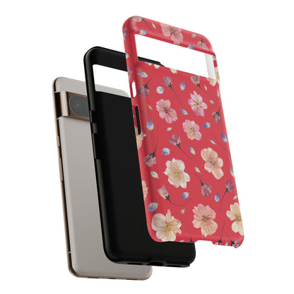 Coque Téléphone Samsung, iPhone & Google Pixel Renforcée Mate – Design Floral Fleurs de Cerisier sur Fond Rouge Féminin | Protection Antichoc | Idée Cadeau Femme