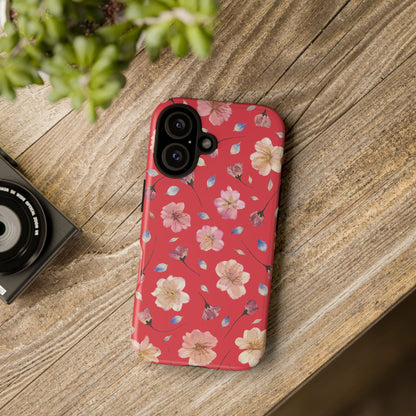Coque Téléphone Samsung, iPhone & Google Pixel Renforcée Mate – Design Floral Fleurs de Cerisier sur Fond Rouge Féminin | Protection Antichoc | Idée Cadeau Femme