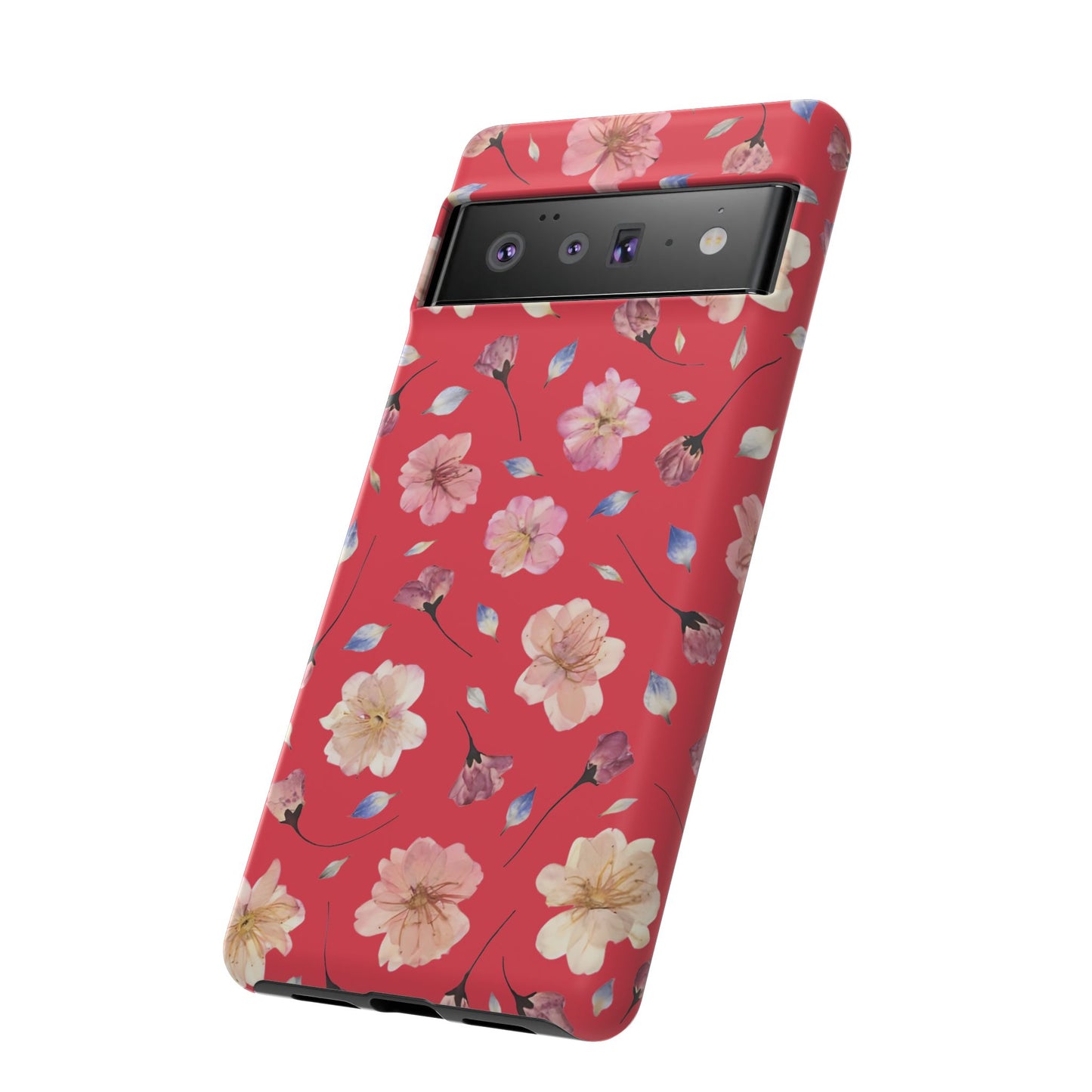 Coque Téléphone Samsung, iPhone & Google Pixel Renforcée Mate – Design Floral Fleurs de Cerisier sur Fond Rouge Féminin | Protection Antichoc | Idée Cadeau Femme