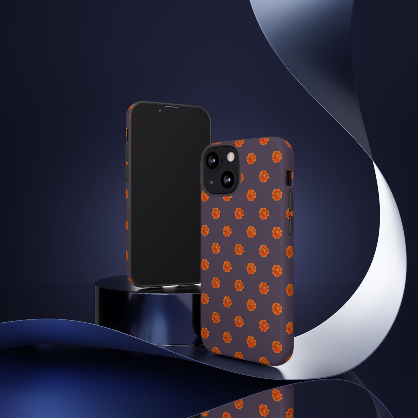 Coque Téléphone Samsung, iPhone & Google Pixel Renforcée Mate – Design Floral Epuré Fleurs de Cosmos Orange sur Fond Couleur Prune | Protection Antichoc | Idée Cadeau Femme