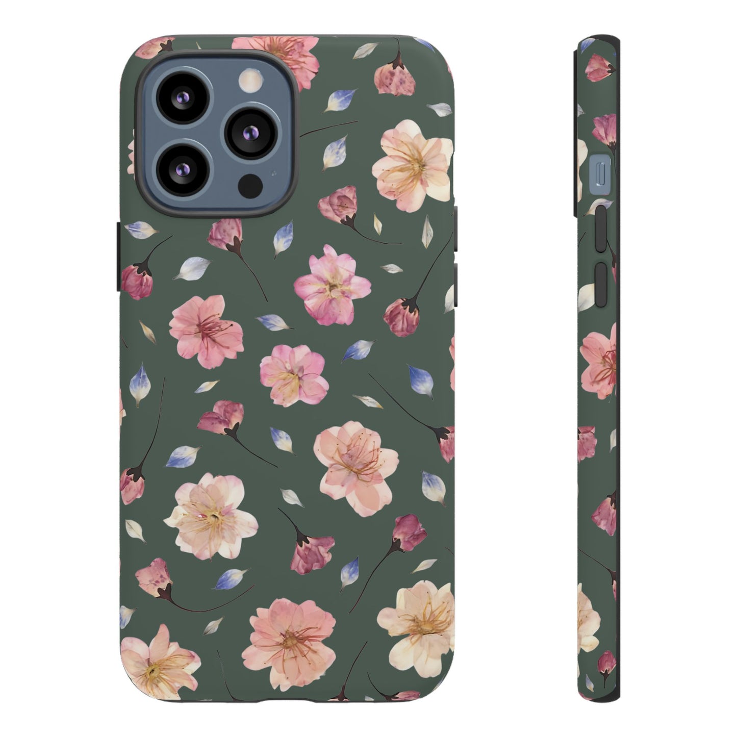 Coque Téléphone Samsung, iPhone & Google Pixel Renforcée Mate – Design Floral Fleurs de Cerisier sur Fond Verte Minéral | Protection Antichoc | Idée Cadeau Femme