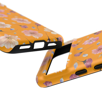 Coque Téléphone Samsung, iPhone & Google Pixel Renforcée Mate – Design Floral Fleurs de Cerisier sur Fond Couleur Curcuma| Protection Antichoc | Idée Cadeau Femme