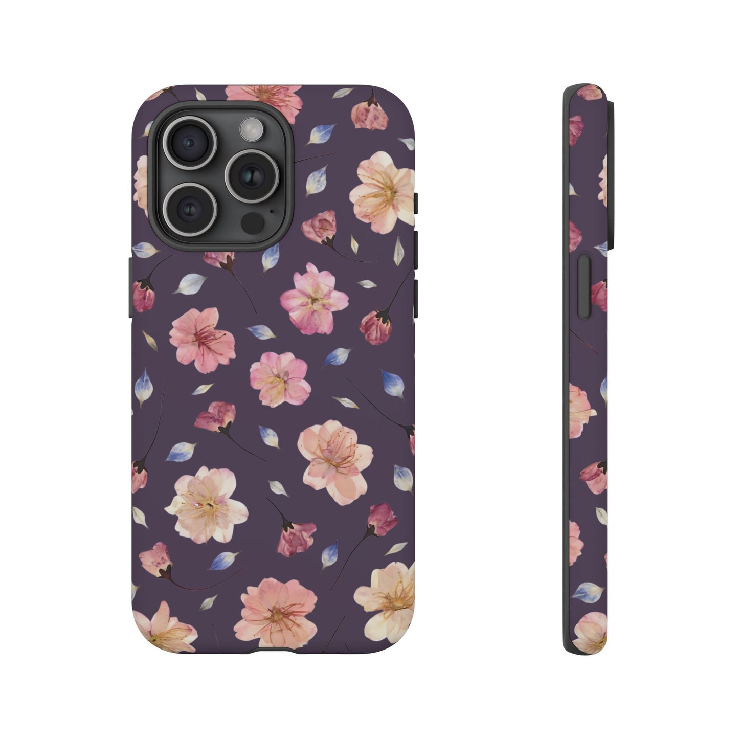 Coque Téléphone Samsung, iPhone & Google Pixel Renforcée Mate – Design Floral Fleurs de Cerisier sur Fond Couleur Prune | Protection Antichoc | Idée Cadeau Femme