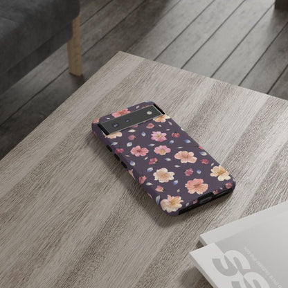 Coque Téléphone Samsung, iPhone & Google Pixel Renforcée Mate – Design Floral Fleurs de Cerisier sur Fond Couleur Prune | Protection Antichoc | Idée Cadeau Femme