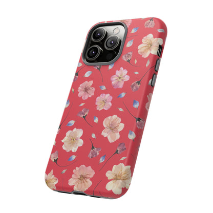 Coque Téléphone Samsung, iPhone & Google Pixel Renforcée Mate – Design Floral Fleurs de Cerisier sur Fond Rouge Féminin | Protection Antichoc | Idée Cadeau Femme