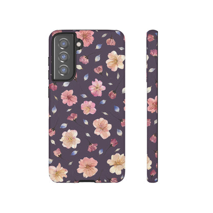 Coque Téléphone Samsung, iPhone & Google Pixel Renforcée Mate – Design Floral Fleurs de Cerisier sur Fond Couleur Prune | Protection Antichoc | Idée Cadeau Femme