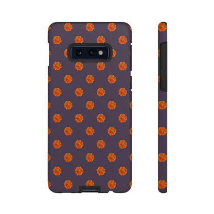 Coque Téléphone Samsung, iPhone & Google Pixel Renforcée Mate – Design Floral Epuré Fleurs de Cosmos Orange sur Fond Couleur Prune | Protection Antichoc | Idée Cadeau Femme