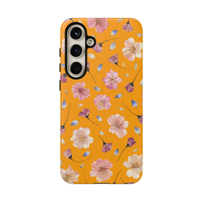 Coque Téléphone Samsung, iPhone & Google Pixel Renforcée Mate – Design Floral Fleurs de Cerisier sur Fond Couleur Curcuma| Protection Antichoc | Idée Cadeau Femme
