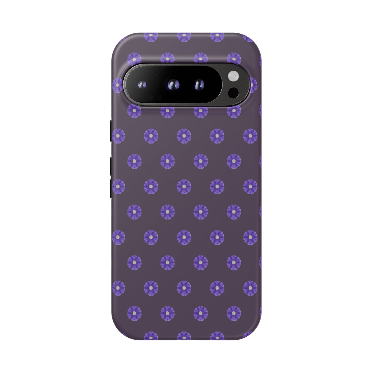 Coque Téléphone Samsung, iPhone & Google Pixel Renforcée Mate – Design Floral Epuré Fleurs de Primevère sur Fond Couleur Prune| Protection Antichoc | Idée Cadeau Femme