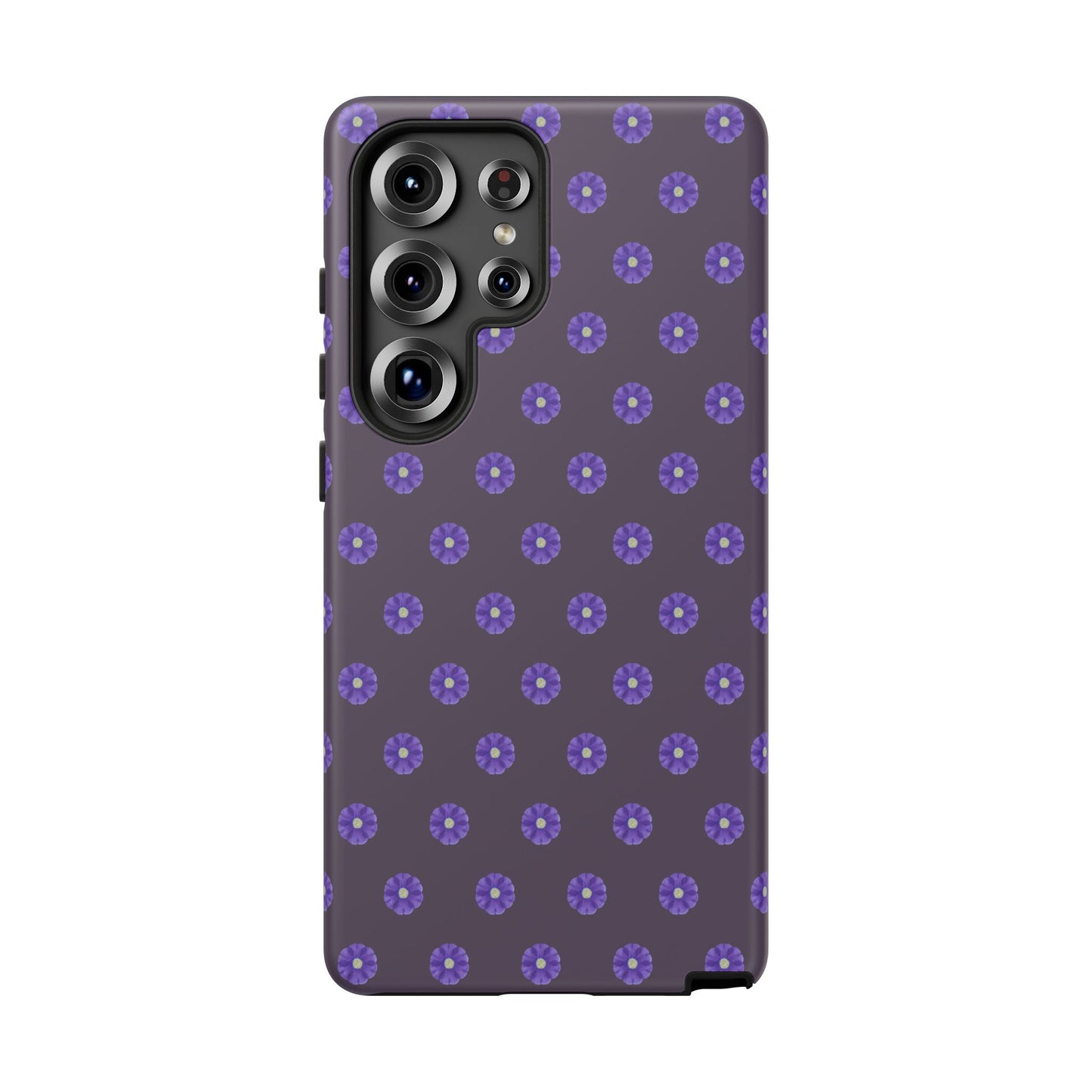 Coque Téléphone Samsung, iPhone & Google Pixel Renforcée Mate – Design Floral Epuré Fleurs de Primevère sur Fond Couleur Prune| Protection Antichoc | Idée Cadeau Femme