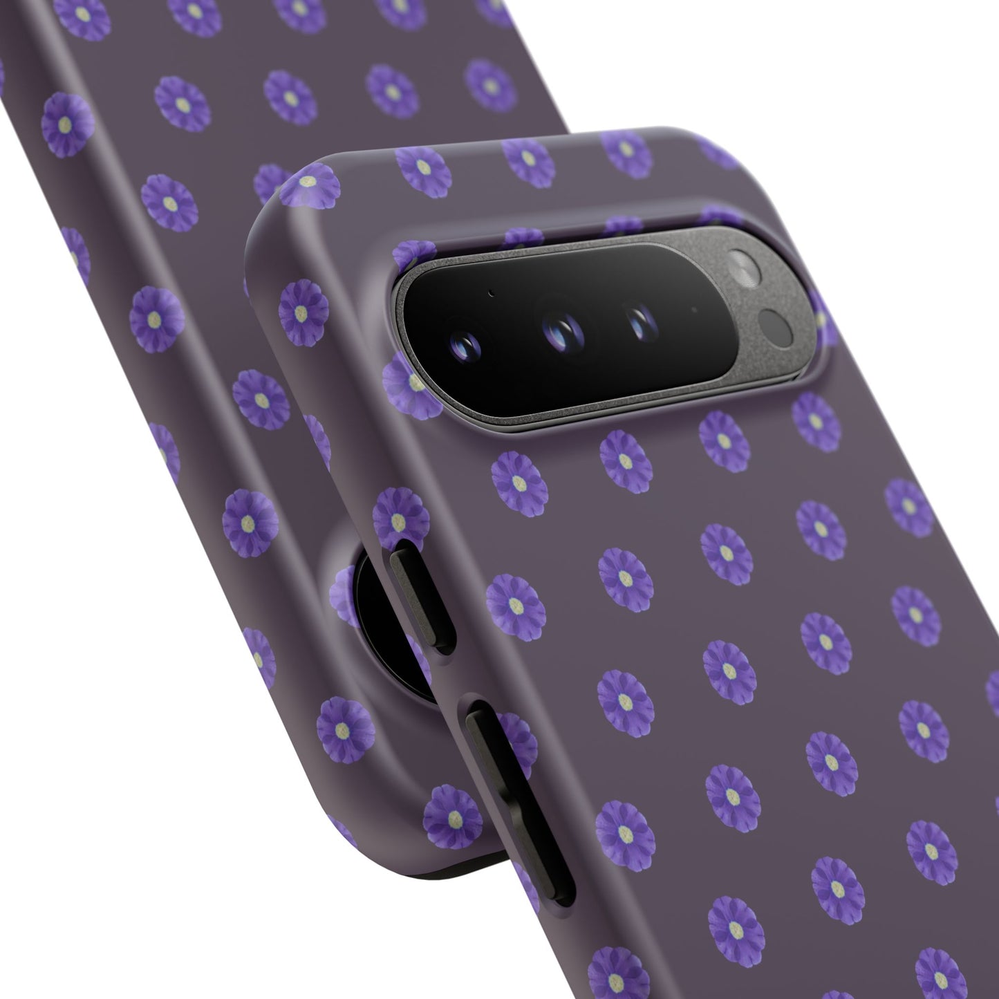 Coque Téléphone Samsung, iPhone & Google Pixel Renforcée Mate – Design Floral Epuré Fleurs de Primevère sur Fond Couleur Prune| Protection Antichoc | Idée Cadeau Femme