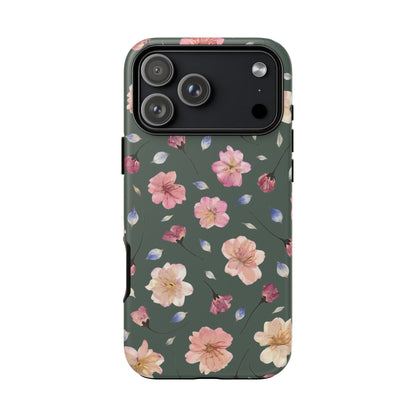 Coque Téléphone Samsung, iPhone & Google Pixel Renforcée Mate – Design Floral Fleurs de Cerisier sur Fond Verte Minéral | Protection Antichoc | Idée Cadeau Femme