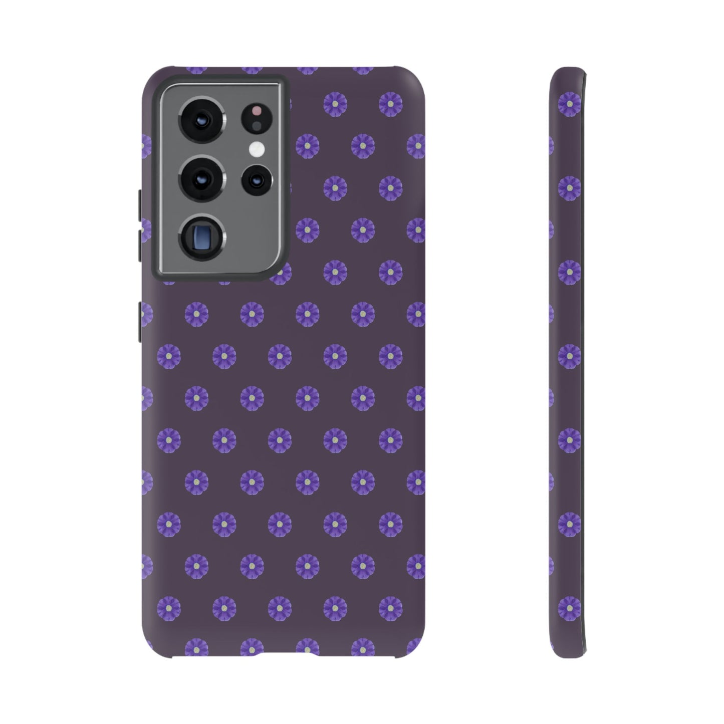 Coque Téléphone Samsung, iPhone & Google Pixel Renforcée Mate – Design Floral Epuré Fleurs de Primevère sur Fond Couleur Prune| Protection Antichoc | Idée Cadeau Femme