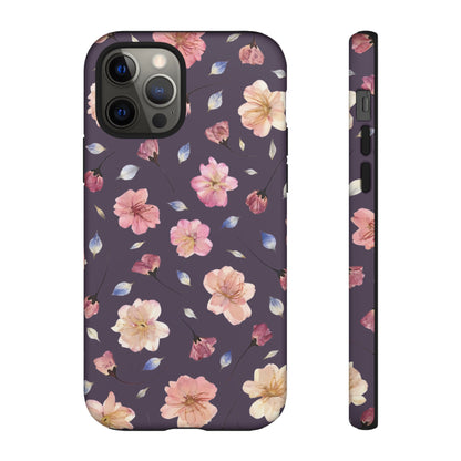 Coque Téléphone Samsung, iPhone & Google Pixel Renforcée Mate – Design Floral Fleurs de Cerisier sur Fond Couleur Prune | Protection Antichoc | Idée Cadeau Femme