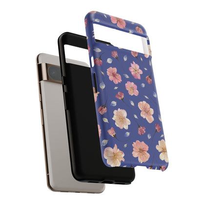Coque Téléphone Samsung, iPhone & Google Pixel Renforcée Mate – Design Floral Fleurs de Cerisier sur Fond Bleu Encre | Protection Antichoc | Idée Cadeau Pour Elle