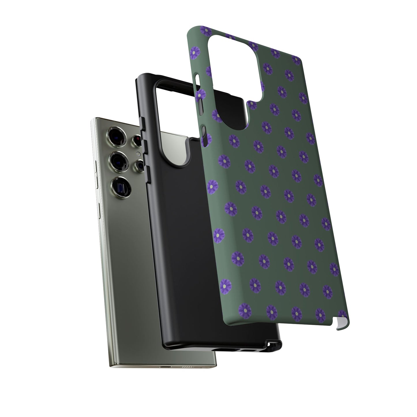 Coque Téléphone Samsung, iPhone & Google Pixel Renforcée Mate – Design Floral Epuré Fleurs de Primevère sur Fond Vert Minéral | Protection Antichoc | Idée Cadeau Femme