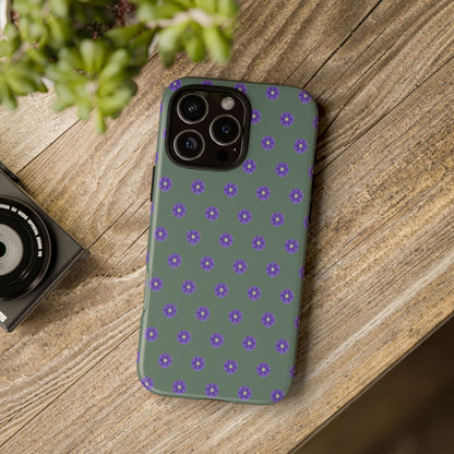 Coque Téléphone Samsung, iPhone & Google Pixel Renforcée Mate – Design Floral Epuré Fleurs de Primevère sur Fond Vert Minéral | Protection Antichoc | Idée Cadeau Femme
