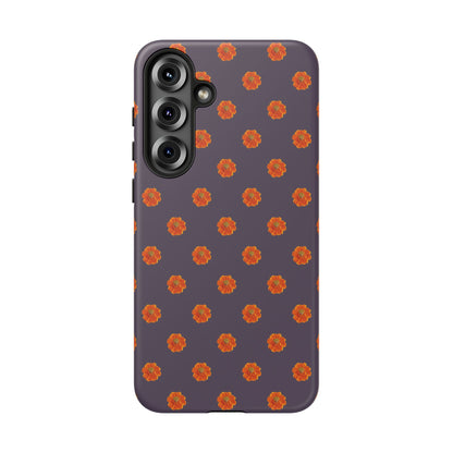 Coque Téléphone Samsung, iPhone & Google Pixel Renforcée Mate – Design Floral Epuré Fleurs de Cosmos Orange sur Fond Couleur Prune | Protection Antichoc | Idée Cadeau Femme
