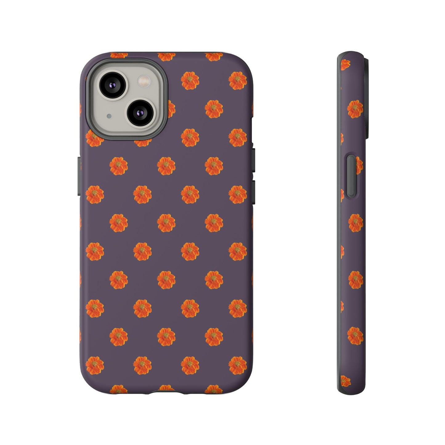 Coque Téléphone Samsung, iPhone & Google Pixel Renforcée Mate – Design Floral Epuré Fleurs de Cosmos Orange sur Fond Couleur Prune | Protection Antichoc | Idée Cadeau Femme