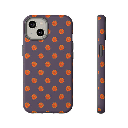 Coque Téléphone Samsung, iPhone & Google Pixel Renforcée Mate – Design Floral Epuré Fleurs de Cosmos Orange sur Fond Couleur Prune | Protection Antichoc | Idée Cadeau Femme