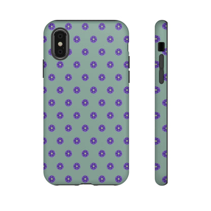 Coque Téléphone Samsung, iPhone & Google Pixel Renforcée Mate – Design Floral Epuré Fleurs de Primevère sur Fond Vert Eucalyptus | Protection Antichoc | Idée Cadeau Anniverssaire