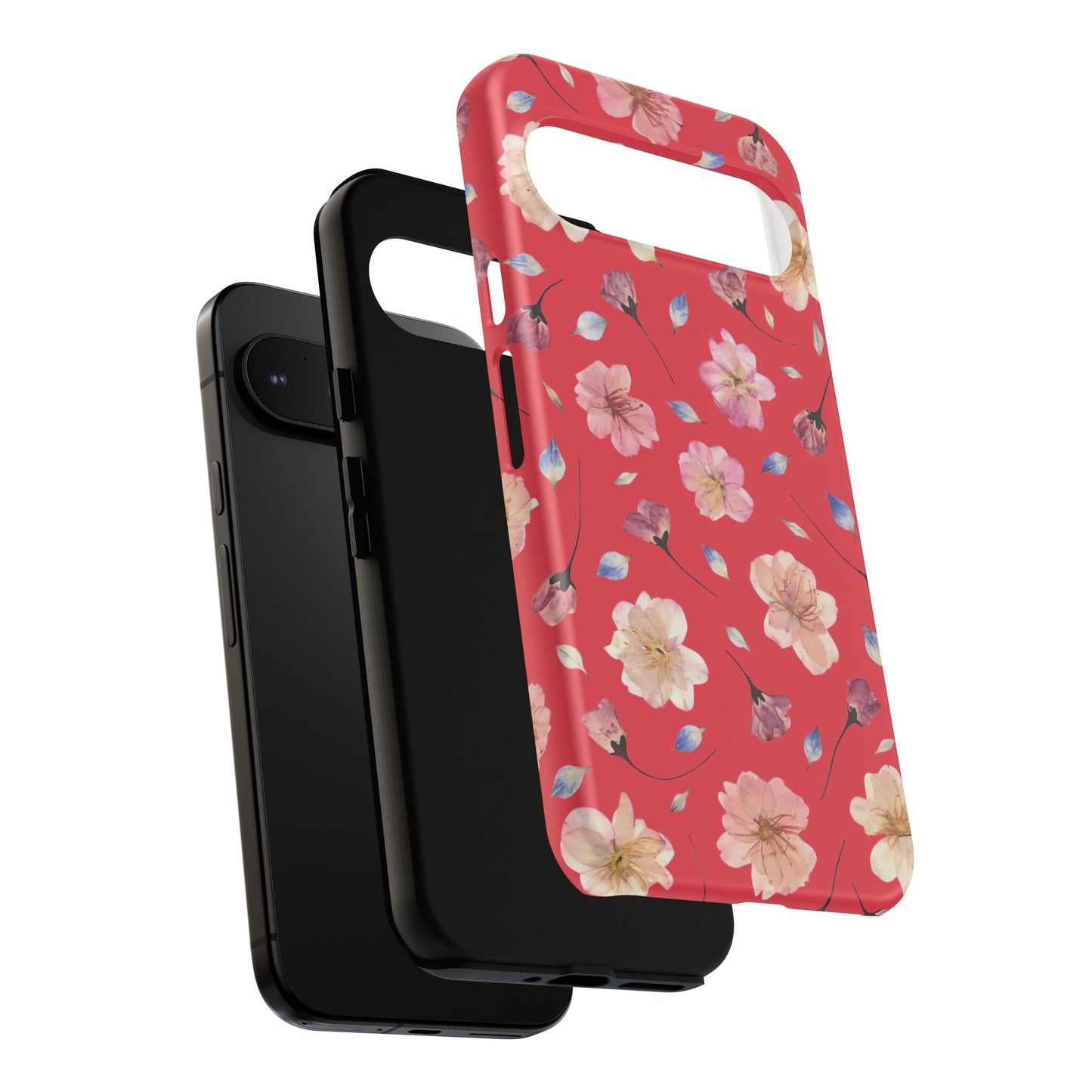 Coque Téléphone Samsung, iPhone & Google Pixel Renforcée Mate – Design Floral Fleurs de Cerisier sur Fond Rouge Féminin | Protection Antichoc | Idée Cadeau Femme