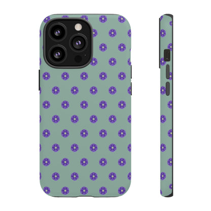 Coque Téléphone Samsung, iPhone & Google Pixel Renforcée Mate – Design Floral Epuré Fleurs de Primevère sur Fond Vert Eucalyptus | Protection Antichoc | Idée Cadeau Anniverssaire