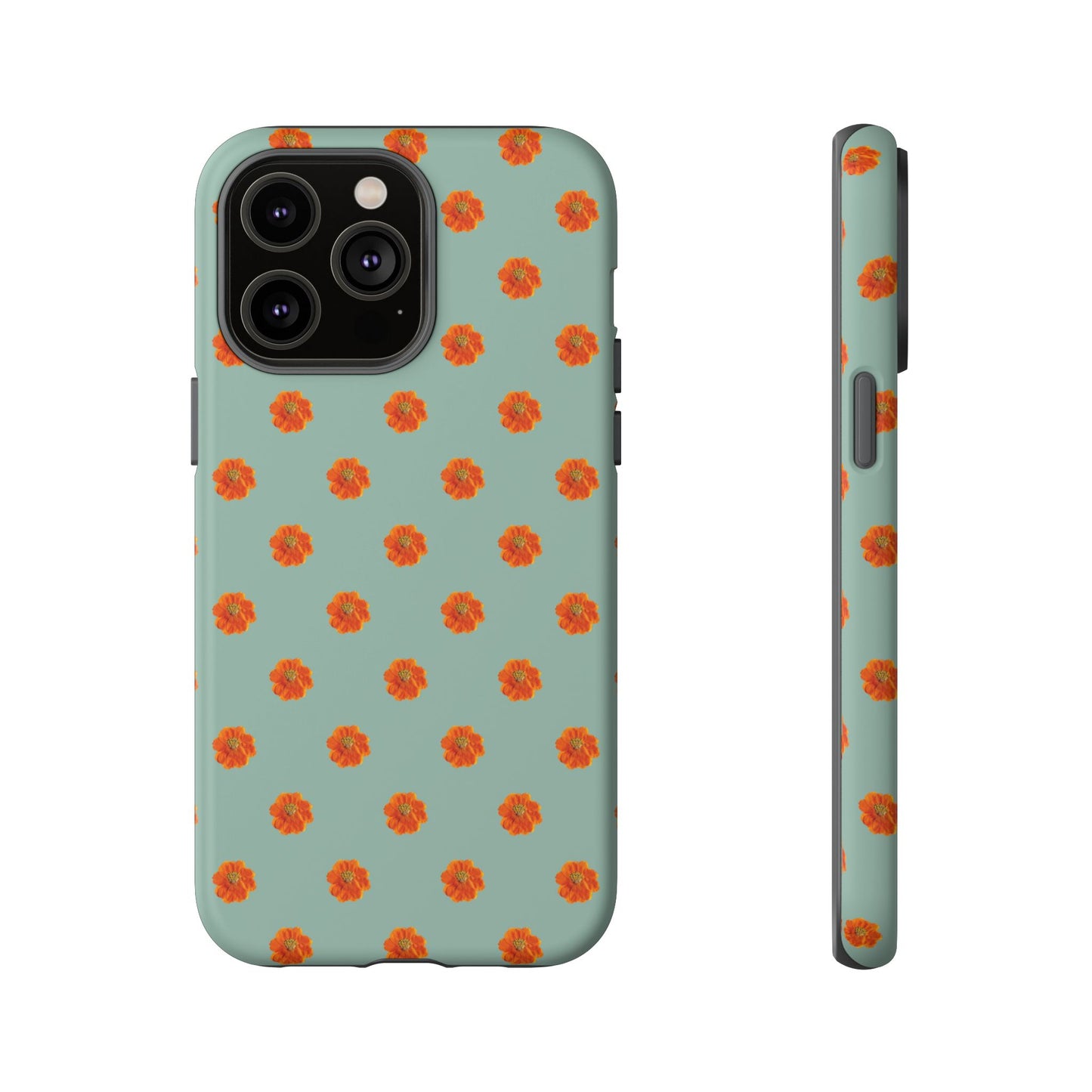 Coque Téléphone Samsung, iPhone & Google Pixel Renforcée Mate – Design Floral Epuré Fleurs de Cosmos Orange sur Fond Vert Eucalyptus | Protection Antichoc | Idée Cadeau Femme