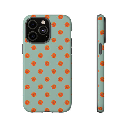 Coque Téléphone Samsung, iPhone & Google Pixel Renforcée Mate – Design Floral Epuré Fleurs de Cosmos Orange sur Fond Vert Eucalyptus | Protection Antichoc | Idée Cadeau Femme