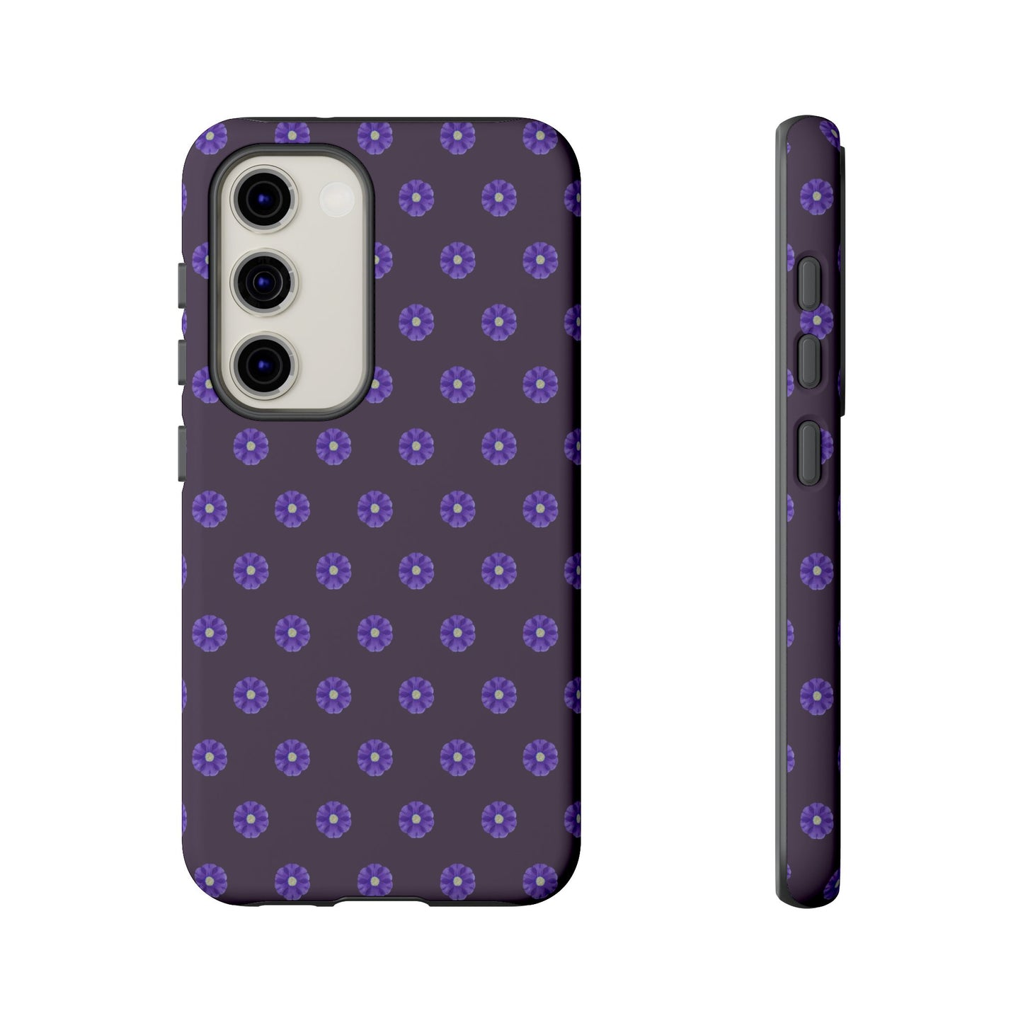 Coque Téléphone Samsung, iPhone & Google Pixel Renforcée Mate – Design Floral Epuré Fleurs de Primevère sur Fond Couleur Prune| Protection Antichoc | Idée Cadeau Femme