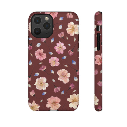 Coque Téléphone Samsung, iPhone & Google Pixel Renforcée Mate – Design Floral Fleurs de Cerisier sur Fond Bordeaux | Protection Antichoc | Idée Cadeau Pour Elle